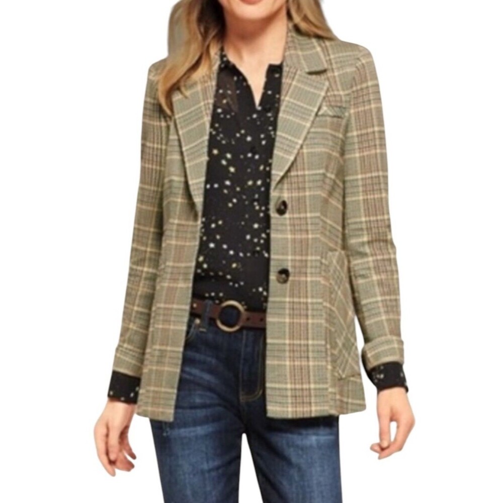 CAbi Pastime Tan Houndstooth Plaid Blazer Jacket